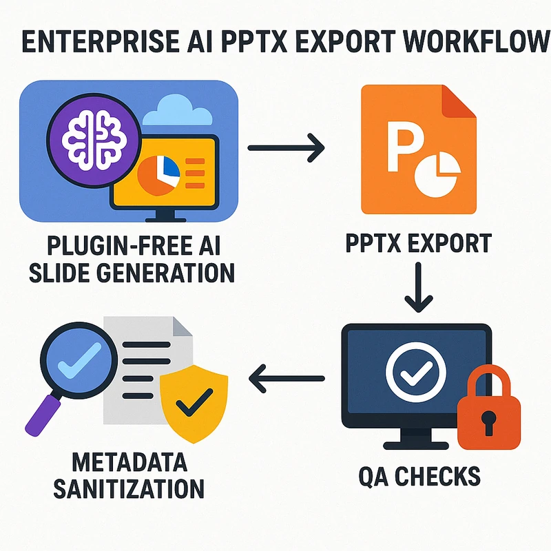 AI PowerPoint PPTX-export: pluginfri, företagspresentationer